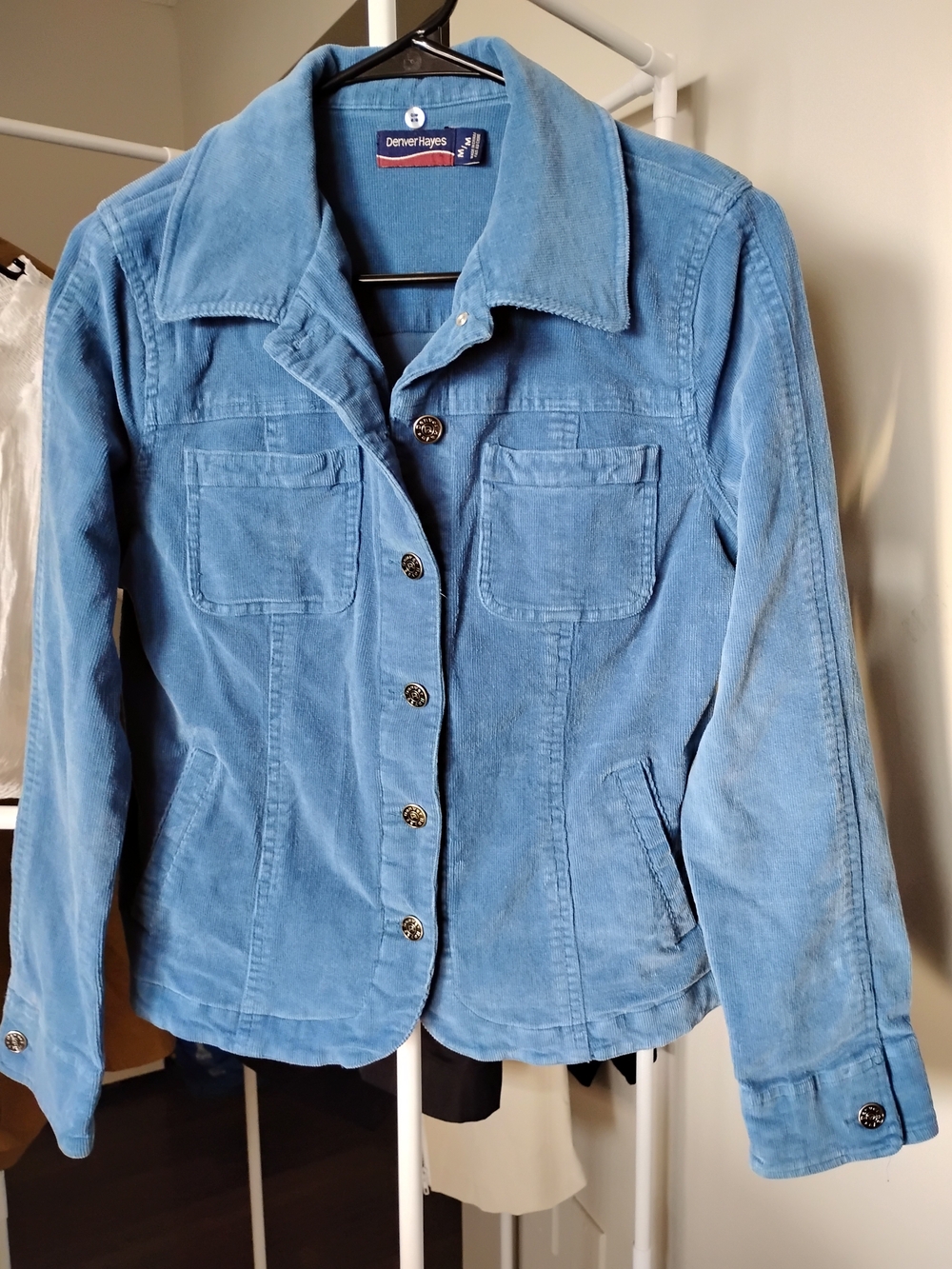 Denver Hayes Women's Light Blue Suede 4 Pockets Button Front Long Sleeve Jacket